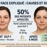 Illustration IA Ozempic Face : comparaison visage avant-après GLP-1 Wegovy 6 mois, perte volume facial 15-20 kg avec annotations médicales zones affectées (tempes, joues, cernes) et solutions chirurgicales acide hyaluronique lipofilling lifting facial Canada 2026