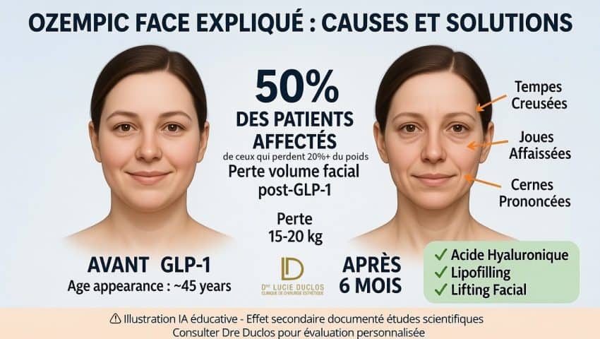 Illustration IA Ozempic Face : comparaison visage avant-après GLP-1 Wegovy 6 mois, perte volume facial 15-20 kg avec annotations médicales zones affectées (tempes, joues, cernes) et solutions chirurgicales acide hyaluronique lipofilling lifting facial Canada 2026