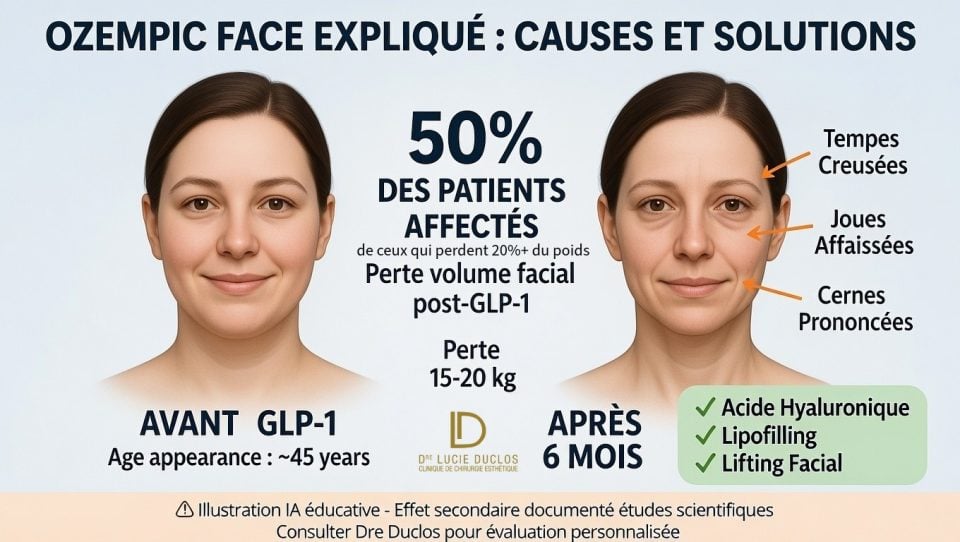Illustration IA Ozempic Face : comparaison visage avant-après GLP-1 Wegovy 6 mois, perte volume facial 15-20 kg avec annotations médicales zones affectées (tempes, joues, cernes) et solutions chirurgicales acide hyaluronique lipofilling lifting facial Canada 2026