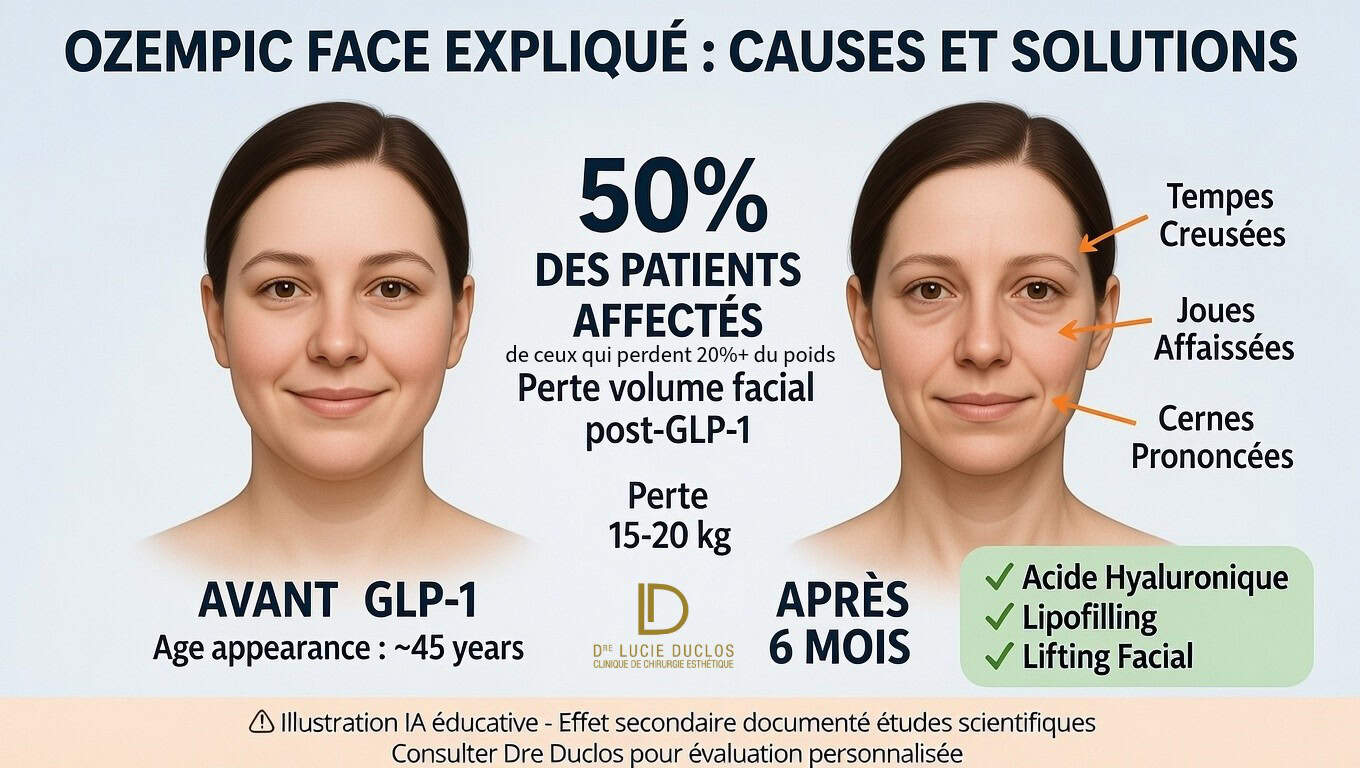 Illustration IA Ozempic Face : comparaison visage avant-après GLP-1 Wegovy 6 mois, perte volume facial 15-20 kg avec annotations médicales zones affectées (tempes, joues, cernes) et solutions chirurgicales acide hyaluronique lipofilling lifting facial Canada 2026