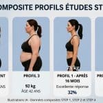 Illustration profils composites études STEP Wegovy : transformations corporelles avant-après sur 16 mois, perte de poids 20 kg et regain post-arrêt traitement GLP-1 Canada 2026