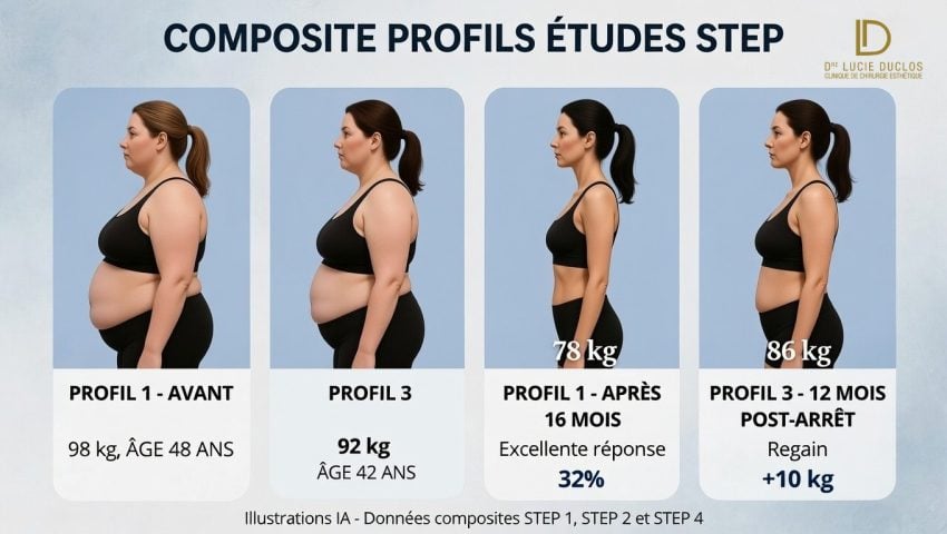Illustration profils composites études STEP Wegovy : transformations corporelles avant-après sur 16 mois, perte de poids 20 kg et regain post-arrêt traitement GLP-1 Canada 2026