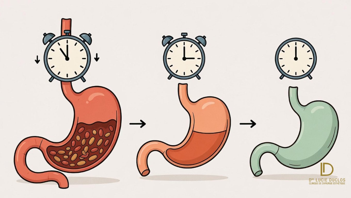 Graphique : tachyphylaxie GLP-1 et adaptation de la vidange gastrique dans le temps